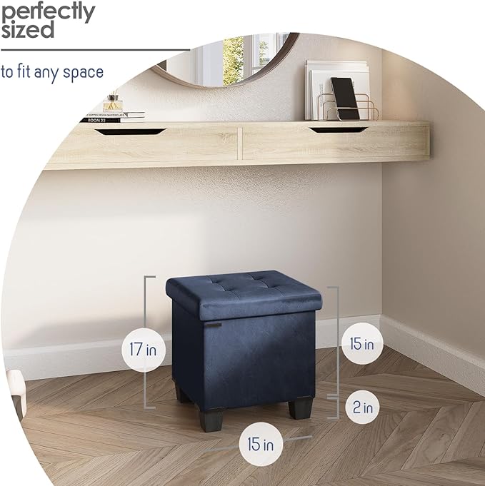 STORAGEBUD Storage Ottoman Cube with Small Bin, 16-in Square Ottoman with Storage for Living Room and Bedroom, Small Ottomans Foot Rest, Faux Leather Foot Stools Ottomans Max 330lbs, Blue