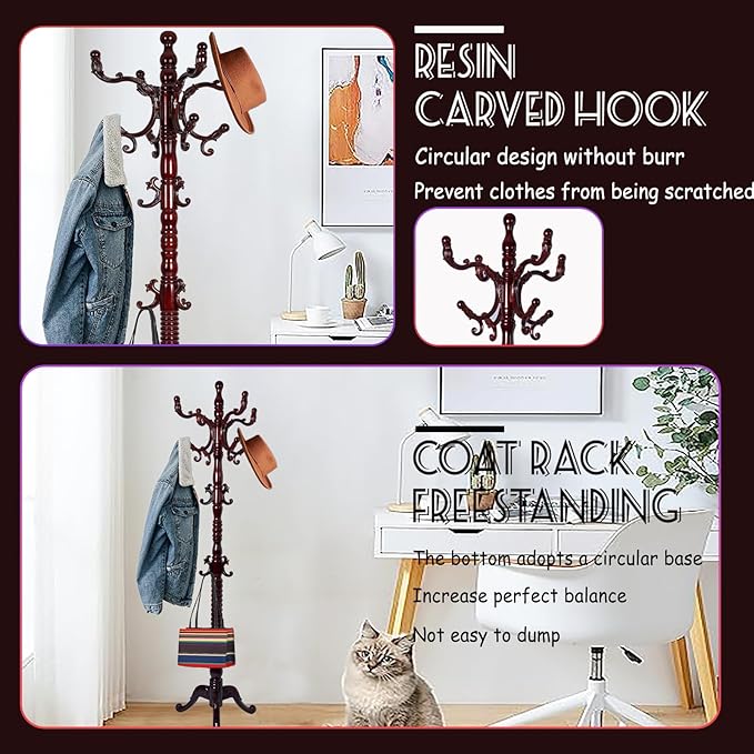 73 in Wood Coat Rack, Coat Rack Freestanding with Stable Round Base, Adjustable Height Tree Coat Racks Stand for Home Bedroom Office Hallway Entryway (Triangle Redwood)