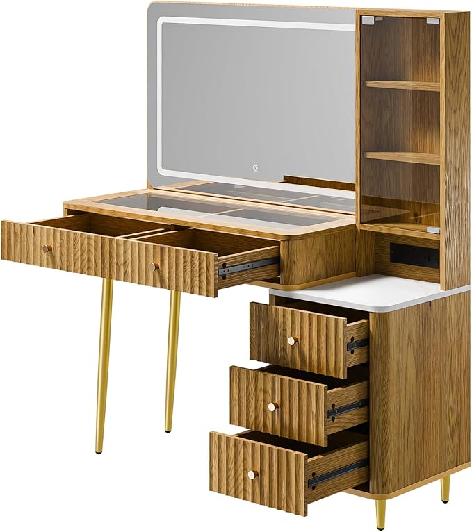 Fluted Vanity Desk with 36" Mirror and Lights, Makeup Vanity Desk with Glass Top, Dressing Table with 5 Drawers & Shelves, Wood Vanity Table for Bedroom(Natural Oak)