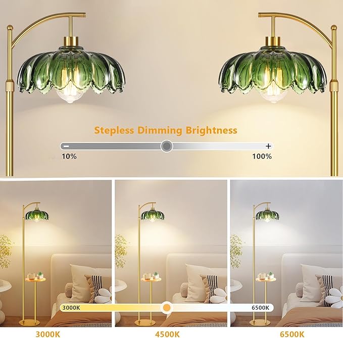 Arc Floor Lamp with Table and Shelves,Gold Floor Lamp for Living Room Glass Floor Lamps with Remote Control & 3 Color Temperature,Dimmable Standing Lamp Tall Flower Floor Lamps for Bedroom Corner