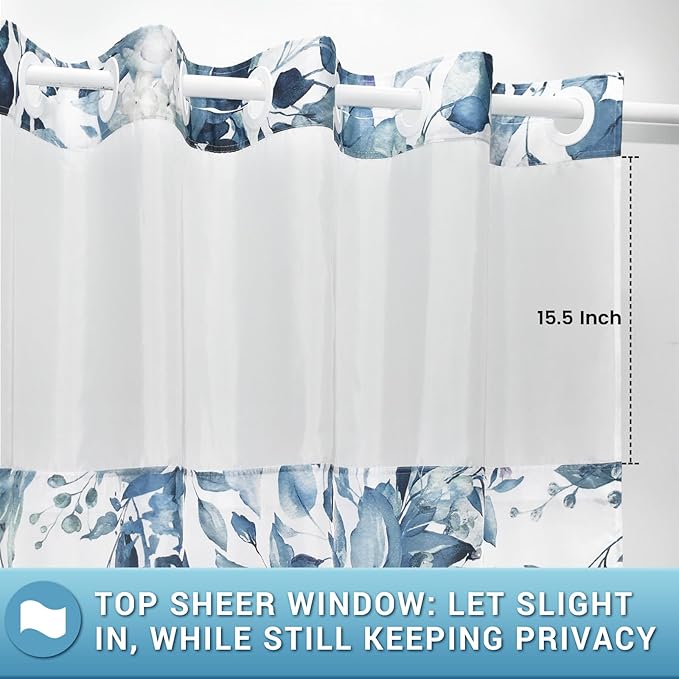No Hook Shower Curtain with Snap in Liner - Eucalyptus Shower Curtain - Washable Waterproof Inner Liner, Plants Blue Leaves Modern Shower Curtains - Machine Washable, 71 x 74