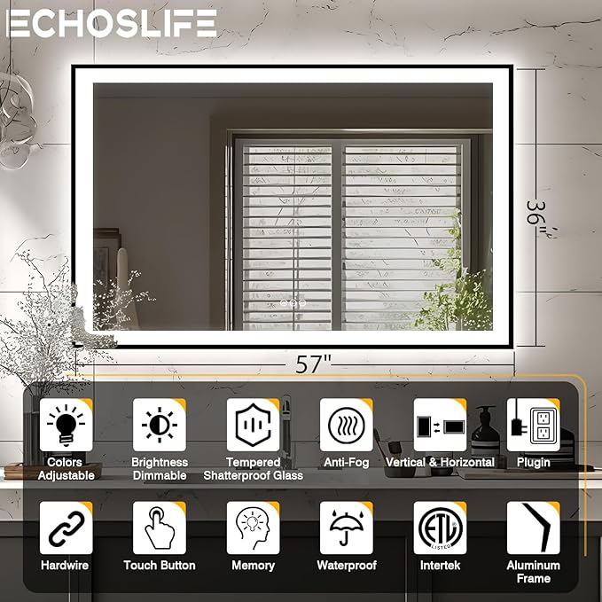 57x36 LED Light Mirror for Bathroom - Black Framed Mirror (Front and Backlit), Anti-Fog Bathroom Vanity Mirror, Stepless Dimmable Lighted Mirror, Tempered Glass, Memory (Horizontal/Vertical)