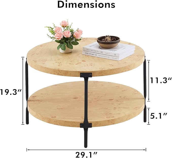 Round Boho Wood Coffee Table - 29.1" Farmhouse Natural Circle Wooden 2-Tier Coffee Tables Living Room Furniture, 29.1" D x 18.3" H, Burl Wood Color