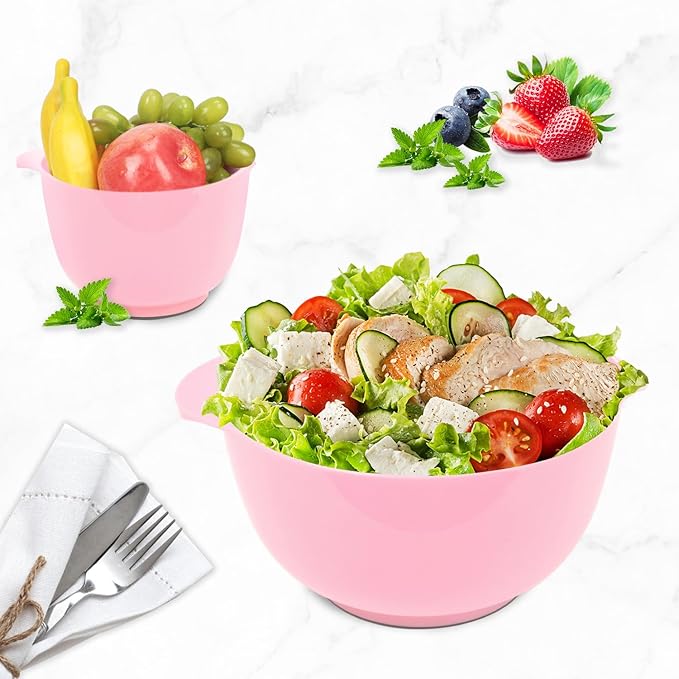 BoxedHome 4 Quart Large Plastic Mixing Bowls, Microwave Safe Mixing Bowl Set with Pour Spout, Nesting Bowls for Space Saving Storage(Fading Rose)