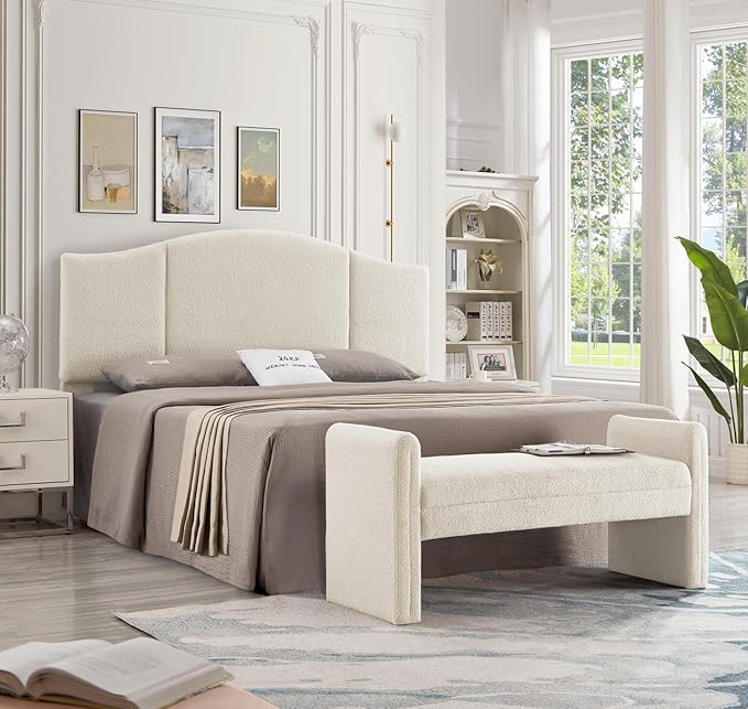 24KF Middle Century Upholstered Foldable King Headboard, Modern Boucle Teddy Fabric, Cream