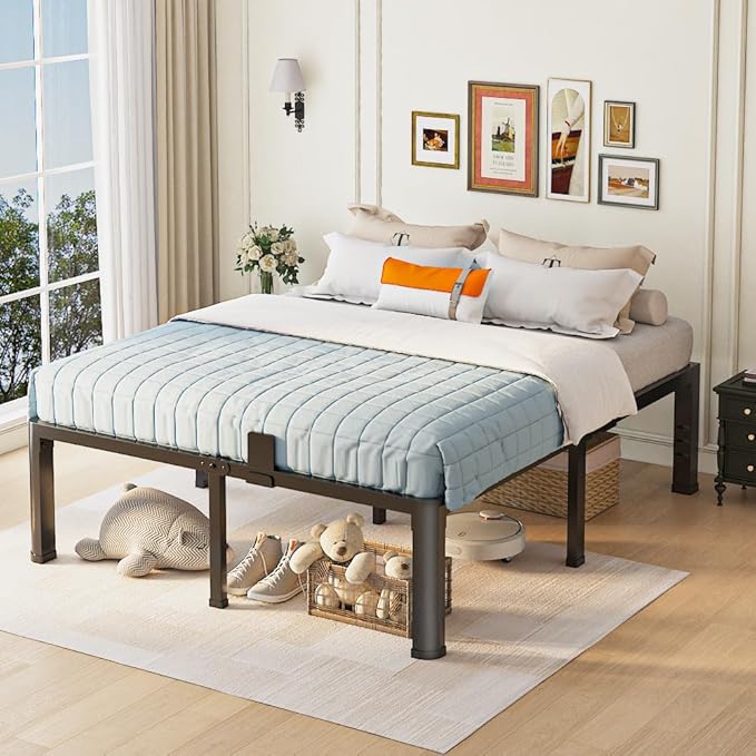 18 inch Queen Bed Frame with Round Corner Legs and Headboard Hole Mattress Slide Stopper 3500 lbs Heavy Duty Metal Platform,Steel Slats Support,No Box Spring Needed,Easy Assembly,Noise Free