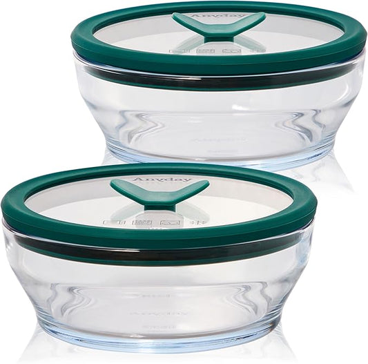 Anyday 2-Pack (2-Cup) Glass Food Storage Set with Glass Lids | Plastic-Free Meal Prep Set | Stackable Airtight Storage Container Set with Vented Lid for Microwave-Safe Reheating