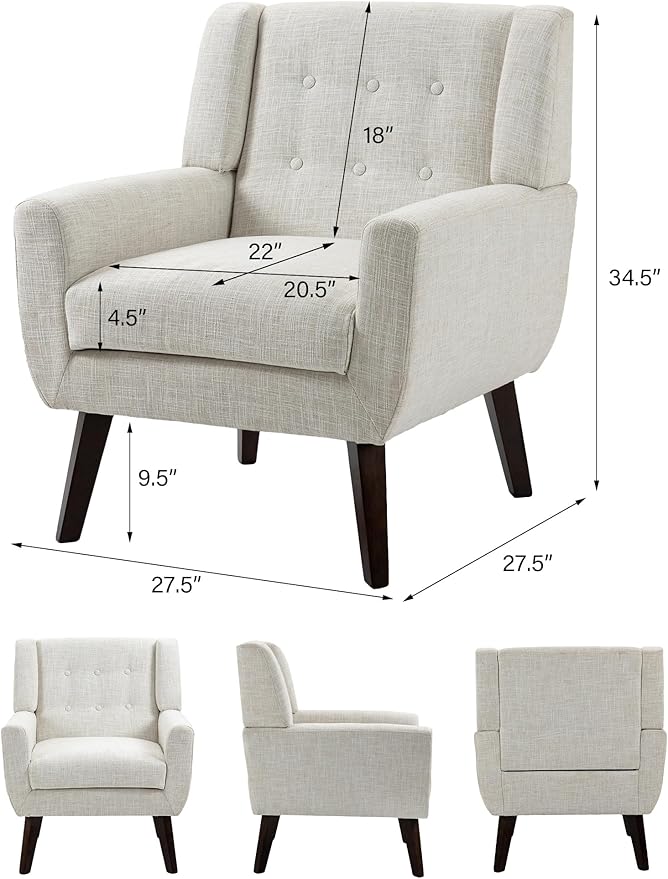 Accent Chair, Mid-Century Modern Fabric Chairs with Arms for Living Room, Comfy Upholstered Club Single Sofa Armchair for Bedroom Waiting Room with Solid Wood Frame (Fabric Beige, Set of 1)