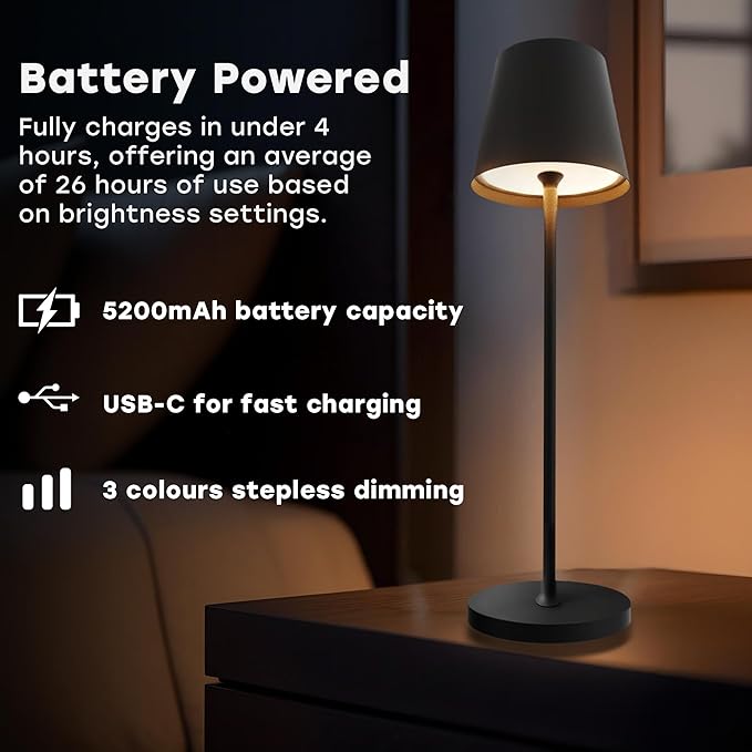 2 Pack Cordless Table Lamp,Portable LED Desk Lamp, 5200mAh Battery Operated, 3 Color Stepless Dimming Up, for Restaurant, Bedroom, Bars, Outdoor Party, Camping, Coffee Shop Night Light Black