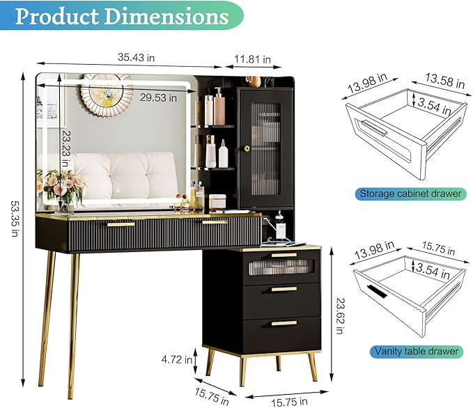Vanity Desk with 29.53" HD Lighted Mirror, 47.24" Big Modern Vanity Desk with Mirror and Lights, Makeup Vanity with 5 Drawers and Storage Shelves and Charging Station, Black