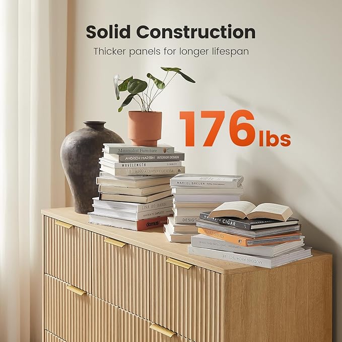 Amada Modern 7 Drawer Dresser, Fluted Wood Chest of Drawers with Rounded Corners, Pre-Installed Drawer Slides, Dresser TV Stand and Storage Organizer for Bedroom or Hallway in Natural Oak