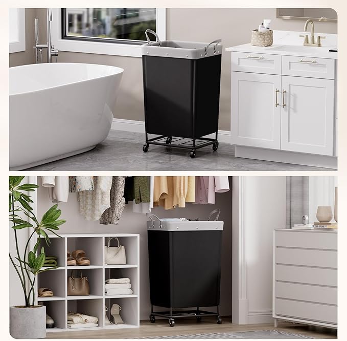 Lifewit 165L Laundry Basket with Wheels, Large Heavy Duty Commercial Rolling Laundry Hamper with Handles, Tall Steel Frame Laundry Cart for Laundry Room Bedroom Hotel Home Dorm, Black