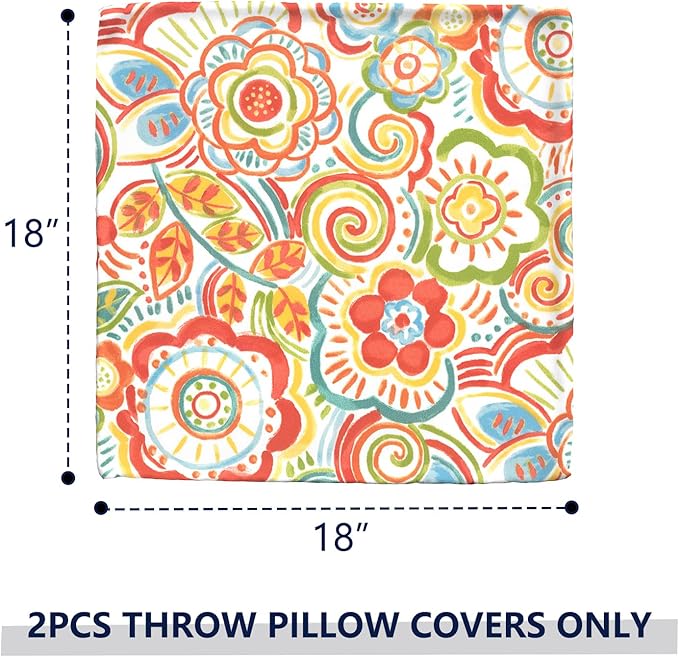 Outdoor Throw Pillow Covers 18”x18”, Decorative Pillow Covers for Patio Furniture, Modern Cushion Cases for Garden Couch Home Sofa Bed Office Chair, Pack of 2, Flower Multi