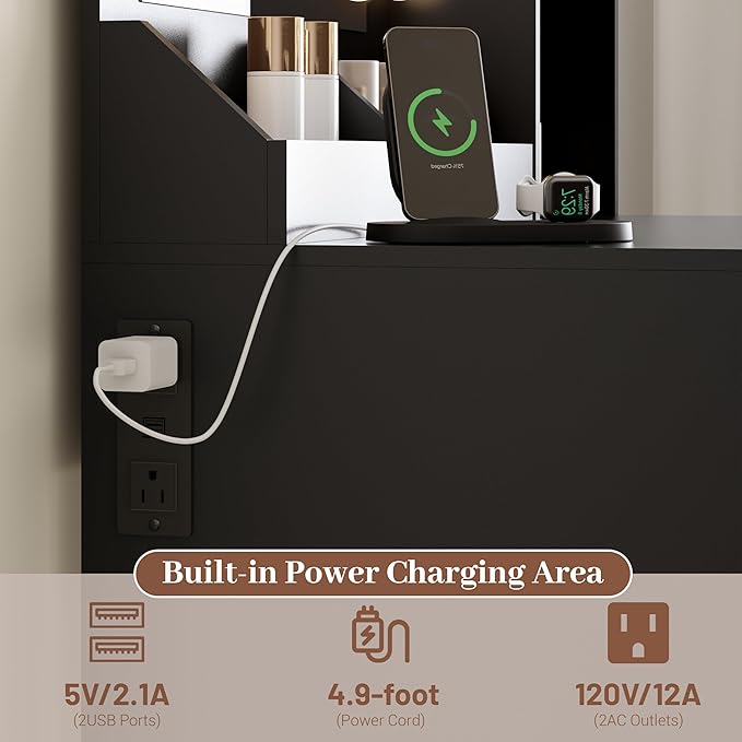 Makeup Vanity with Mirror and Lights, 34'' Wide Dressing Table with Charging Station & RGB Glass Cabinet, Small Vanity Desk with 3 Color Lighting Modes & Adjustable Brightness, Black