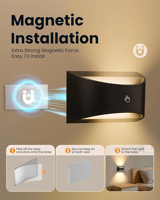 Brightown Magnetic Wall Sconces Set of Two, Rechargeable Battery Powered Wall Sconce with Remote Control, 3 Colors Wireless Up and Down Wall Mount Light for Hallway Bedroom Bedside Living Room (Black)