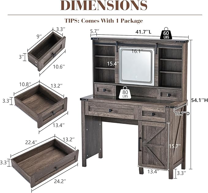 42'' Farmhouse Makeup Vanity Desk with Sliding Mirror and Lights, Glass Tabletop Vanity Table with Barn Door, 4 Drawers & Hidden Shelves, Rustic Big Vanity Women Dressing Table, Light Oak