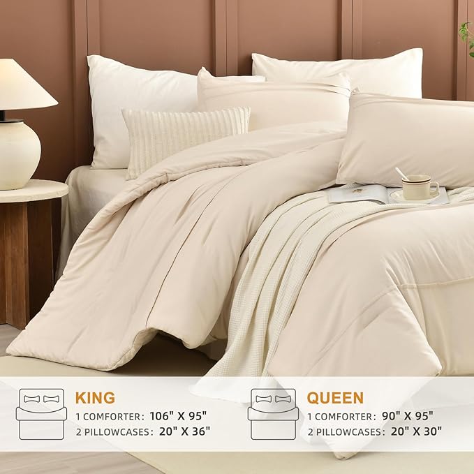 Sanracie Cotton King Comforter Set(106"x 95"),Wheat Colored Pinch Pleat Soft Comforter Bedding Sets 3Pcs Lightweight Breathable Bedding Set for All Season