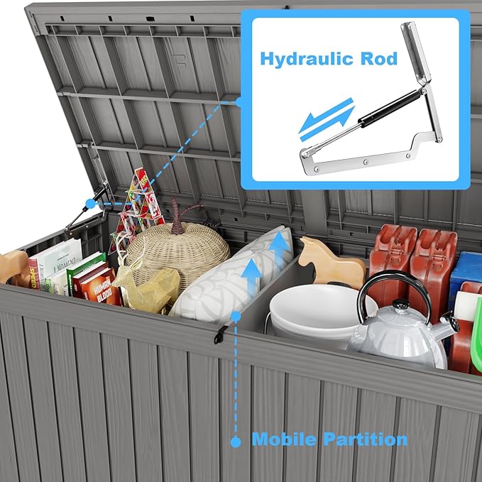 Vixzen 180 Gallon Resin Deck Box, Lockable Outdoor Storage Box for Patio Cushions Storage Furniture,Garden Tools, Pool Supplies, Weatherproof and UV Resistant- Grey