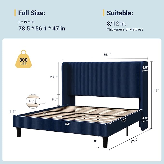 Allewie Full Size Bed Frame with Upholstered Wingback Headboard, Vertical Channel Tufted Corduroy Velvet Platform Bed, Strong Wooden Slats Support, No Box Spring Needed, Easy Assembly, Dark Blue