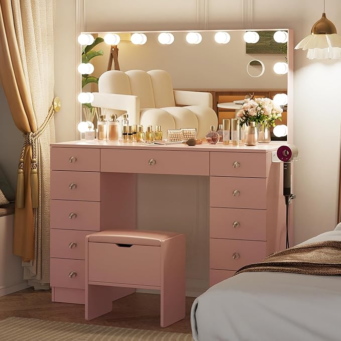 VOWNER Vanity with Lighted Mirror - Makeup Vanity Desk with Lights and 11 Drawers, 3 Color Lighting Modes Adjustable Brightness, 46" Makeup Desk with Soft Cushioned Stool for Bedroom, Pink