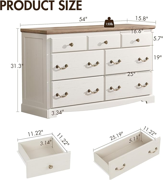 Farmhouse 7 Chest of Drawers for Bedroom, 54" Wide Wood Dresser with Bronze Retro Handles & 3D Drawer Fronts, Closet Dresser for Bedroom, Hallway, Antique White