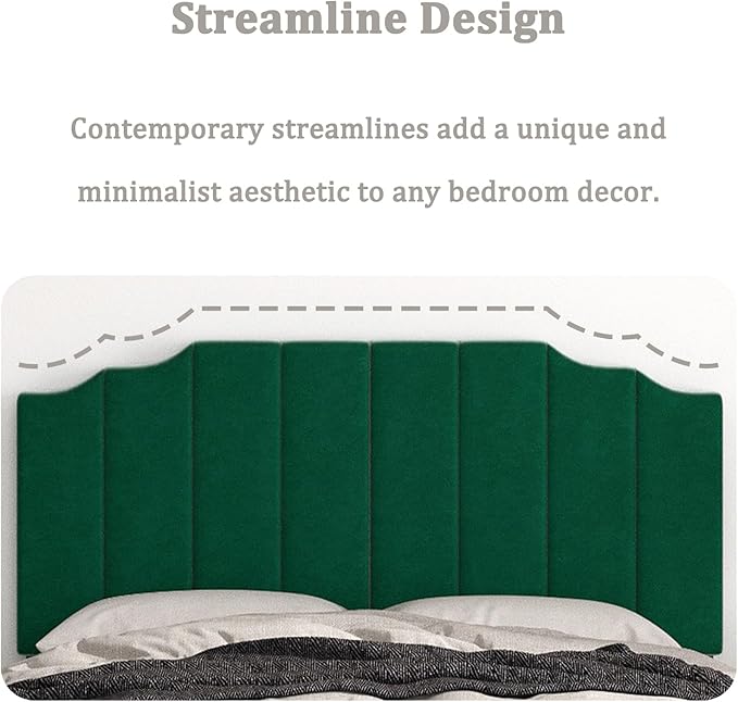 Queen Size Headboard Only, Velvet Wall Mounted Headboard Queen/Full Size for Adjustable Bed, Modern Vertical Channel Design with Curved Tufted Upholstered Head Board, Jade Green