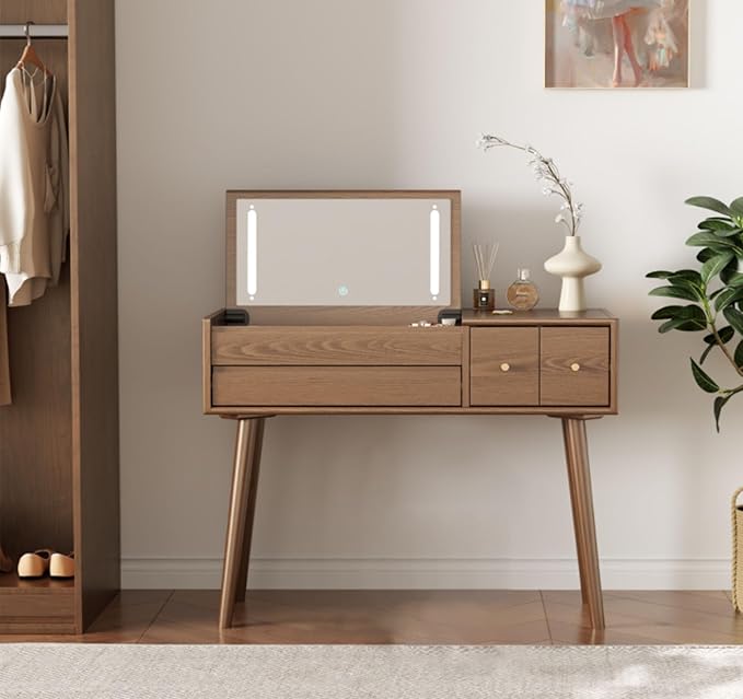 KungFuWood Makeup Vanity Desk with 3 Lighting Modes, Solid Wood Vanity Desk with Mirror Dressing Table Set 4 Drawers,Space-Saving Vanity for bedrooms(walunt)