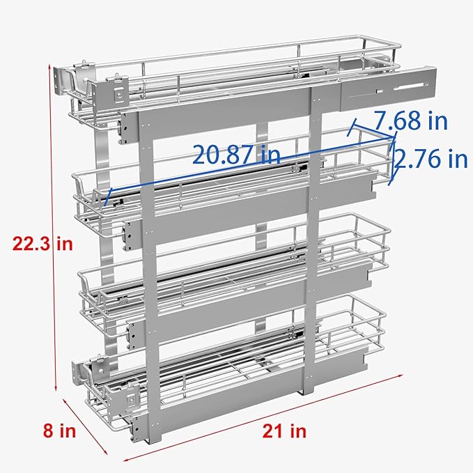 4-Tier 8" W x 21" D Narrow Pull Out Cabinet Organizer, Roll out Spice Rack Holder Shelve, Slide Out Slim Storage Wire Baskets for Storage Organization
