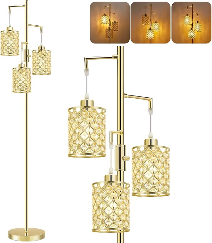 GyroVu Morden Gold Crystal Floor Lamps for Living Room, 3-Light Standing Tall Lamp with Elegant K9 Crystal Shade & Rotary Switch, Modern Corner Floor Lamp for, Bedroom, Home Office, Reading