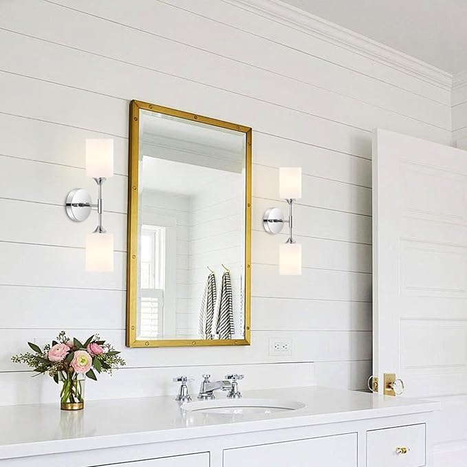 2-Lights Modern Wall Sconce White Cylinder Glass Shades Mid Century Bathroom Vanity Wall Light Fixtures Industrial Wall Lamp for Bedroom Mirror Living Room Restaurant(Chrome Color)