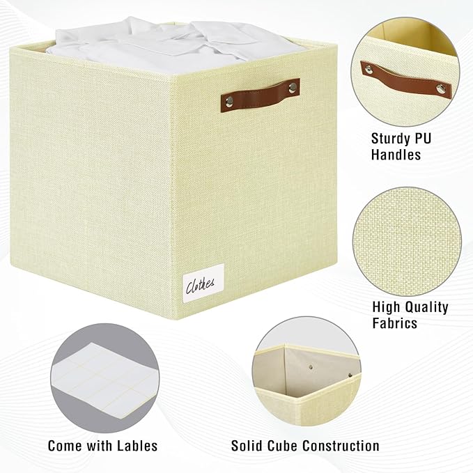 Collapsible Fabric Storage Cube Bins with 2 Reinforced PU Handles, Foldable Storage Organizer Baskets for Closet, Shelves, Living Room | 13"x13"x13", 4 Pack, Full Beige