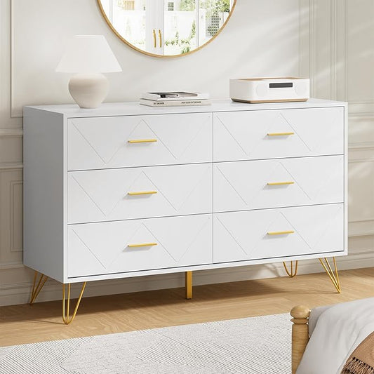 White Dresser for Bedroom, 6 Drawer Dresser with Golden Handles, Wood Modern Double Chest for Hallway, Entryway