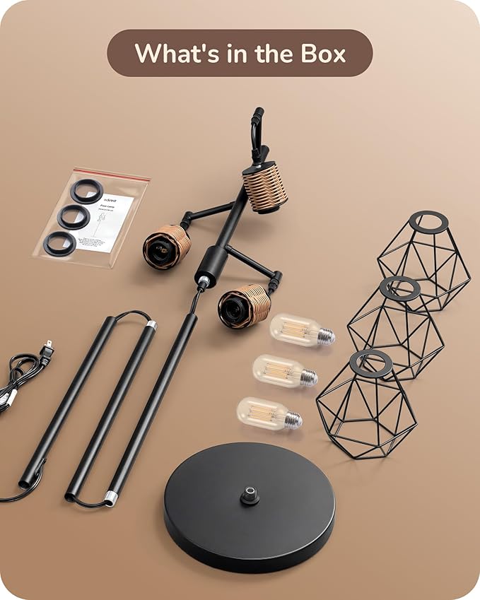 EDISHINE Dimmable Industrial Floor Lamp, Farmhouse Standing Lamp for Living Room, Diamond-Shaped Cage, Corner Rustic Rattan Reading Lamps for Bedroom, Office, Black