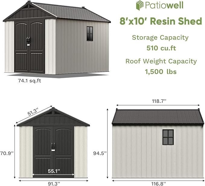 Patiowell 8x10 FT Plastic Shed Outdoor Storage Shed with Floor, Resin Garden Tool Shed Lockable Door & Two Windows for Patio, Backyard, Bike & Organizer, Beige
