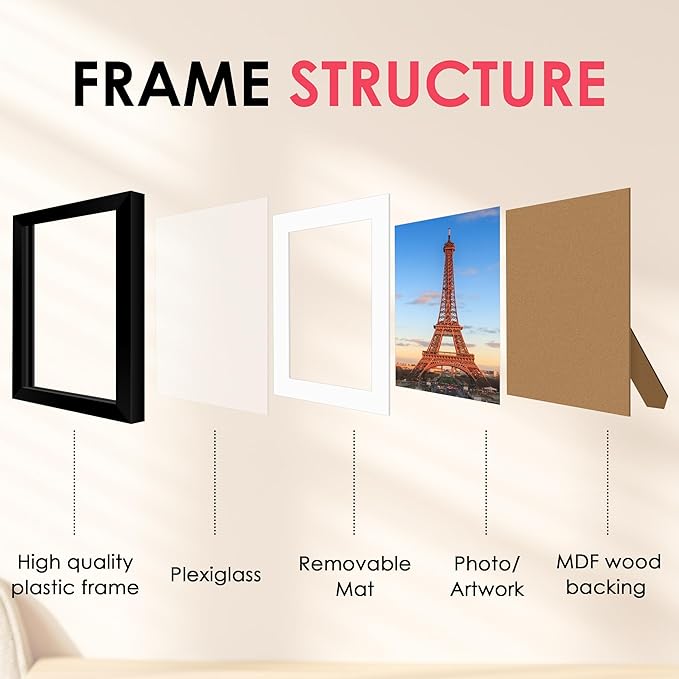 FIXSMITH 8.5x11 Picture Frame, Black Photo Frame with HD Plexiglass, Display Pictures 6x8 with Mat or 8.5x11 Without Mat, Picture Frames Collage for Tabletop or Wall Display, 2 Pack