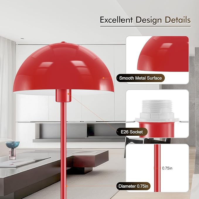 Floor Lamp, Industrial Red Floor Lamps for Living Room, 65.6in Standing Lamp, Retro Mushroom Dome Shade, Whole Metal, E26 Socket, Mid Century Modern Floor Lamp for Bedroom/Office,No Bulb
