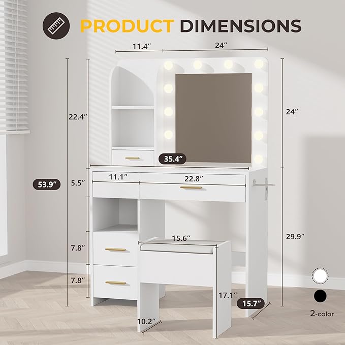 Vanity Desk with LED Lighted Mirror&Power Outlet, 3 Lighting Colors Makeup Vanity Desk with 5 Large Drawers and 3 Storage Shelves, White Vanity with Storage Stool for Bedroom