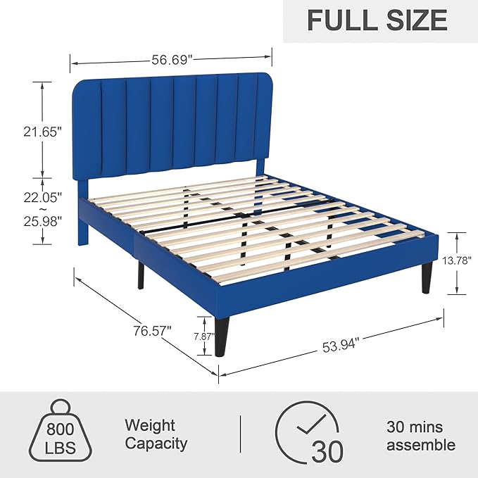 VECELO Full Size Bed Frame with Upholstered Headboard, Velvet Platform Bedframe Mattress Foundation, Strong Wood Slat Support, No Box Spring Needed,Blue