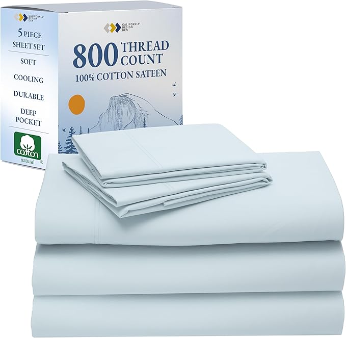 California Design Den Split Top King Sheets Sets For Adjustable Bed - Luxury Hotel 800 Thread Count Sateen, Natural 100% Cotton Cooling Sheets, Durable Deep Pockets with Anti-Skid Elastic - Light Blue