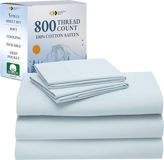 California Design Den Split Top King Sheets Sets For Adjustable Bed - Luxury Hotel 800 Thread Count Sateen, Natural 100% Cotton Cooling Sheets, Durable Deep Pockets with Anti-Skid Elastic - Light Blue