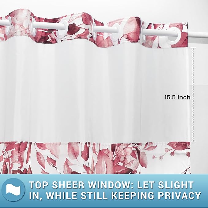 No Hook Shower Curtain with Snap in Liner - Eucalyptus Shower Curtain - Washable Waterproof Inner Liner, Plants Pink Leaves Modern Shower Curtains - Machine Washable, 71 x 74