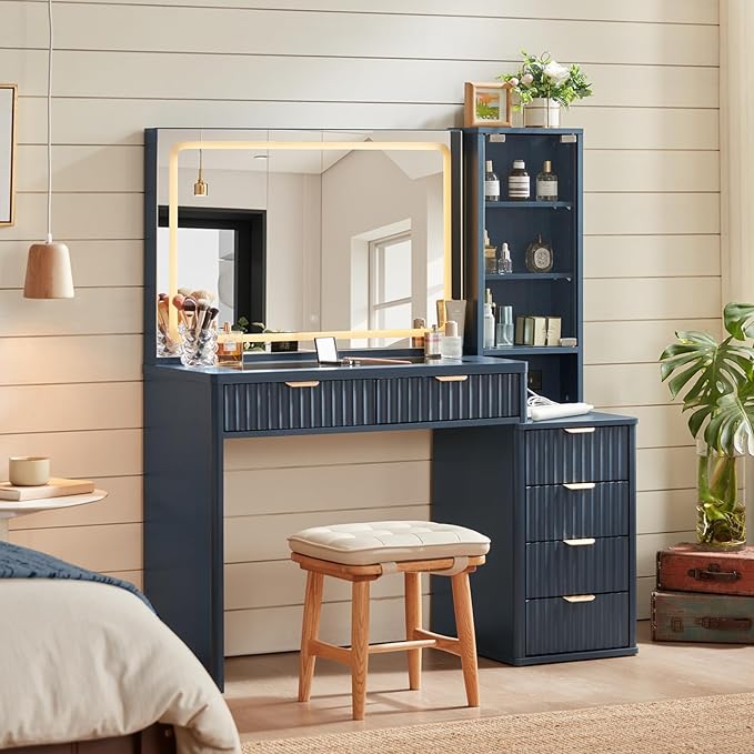 LEYAOYAO Vanity Desk with Mirror and Lights, 43.5'' Fluted Makeup Vanity with 6 Drawers and Adjustable Shelves, Navy Blue Make Up Vanity Wood Dressing Table with Glass Top and Power Outlet for Bedroom