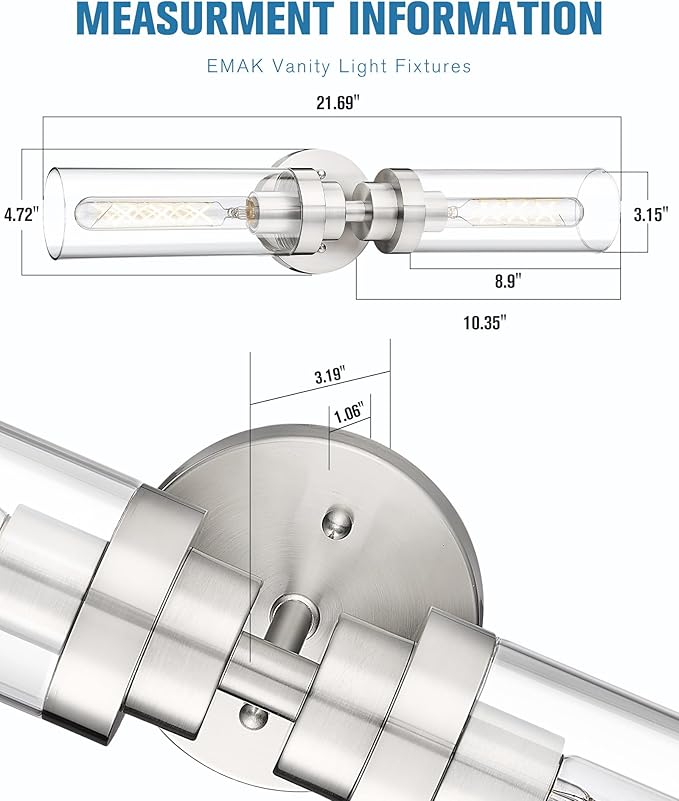 Emak Brushed Nickel Vanity Lights for Bathroom, Modern 22 Inch Bathroom Light Fixtures, 2-Light Cylinder Wall Sconces with Clear Glass Shade for Bathroom, Bedroom, Hallway, VL085-BN-2