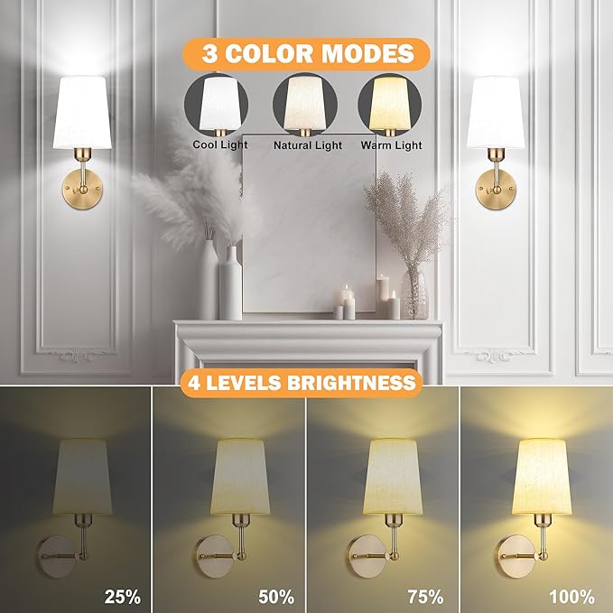 Battery Operated Wall Sconce Set of Two,Modern Gold Rechargeable Wall Lights with 5200mAh RGB Bulb and Remote Control, 270°Rotation Dimmable Battery Powered Wireless Wall lamps for Bedroom Living Room