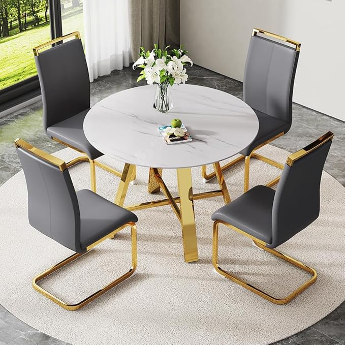 Modern Marble Round Dining Table & Upholstered High Back PU Leather Chairs - 42" Faux Marble Dining Room Set for Kitchen, Office, Cafe & Small Spaces