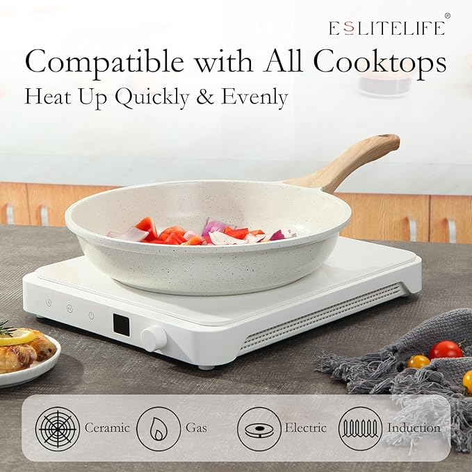 ESLITE LIFE Nonstick Ceramic Frying Pan Skillet, Non-Toxic Egg Omelette Kitchen Cooking Pans Compatible with All Stovetops (Gas, Electric & Induction), PTFE & PFOA Free (White, 9.5'')