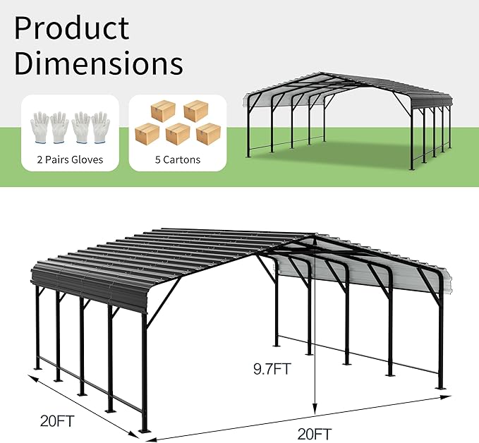 Shintenchi 20x20 FT Carport,Heavy Duty Carports Canopy with Steel Roof and Frame,Metal Carport with Enhanced Base Oversized Garage Outdoor Galvanized Shelter for Cars, Boats and Tractors