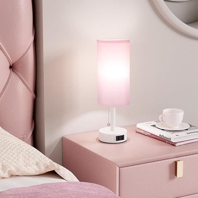 Pink Bedside Table Lamps Set of 2-3 Color Temperatures Pull Chain Lamp with AC Outlet Charging Port, Round Night Stand Lamps for Bedroom Office, Special for Girls
