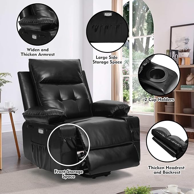 Polar Aurora Power Lift Chair for Elderly,Electric Recliner Chair with Vibrating Massage & Heating,Living Room Chair with Thickened armrest,USB Ports,2 Cup Holders,Black