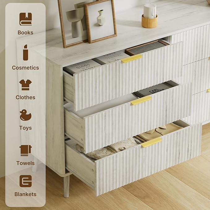 LYNSOM 55" Wide Fluted Dresser for Bedroom with 6 Drawer, Modern Chest of Drawers with Curved Profile Design and Metal Handles, Wood Dresser TV Stand & Storage Organizer for Living Room, White